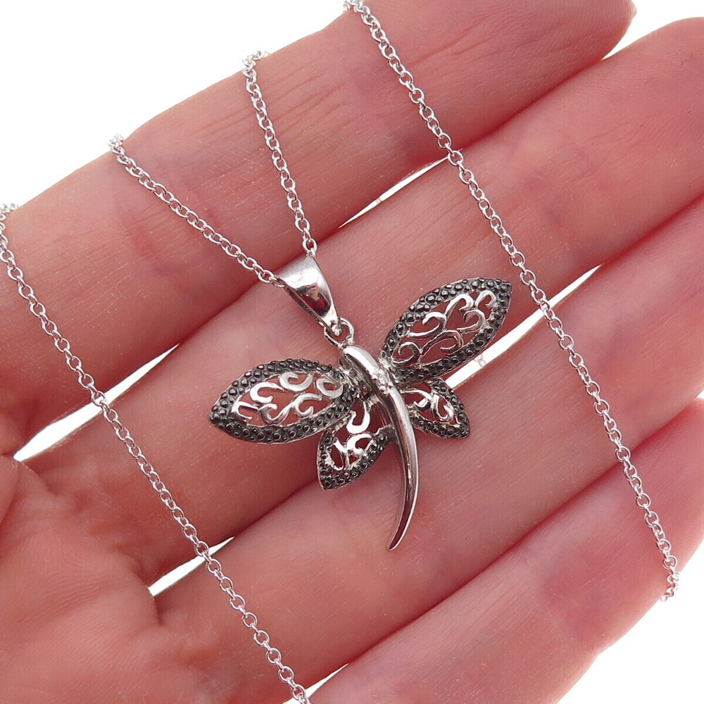 Han 925 Sterling Silver Real Diamond Accent Dragonfly Cable Chain Necklace 18"